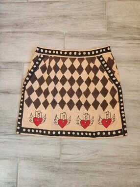 Mo Maya Mini Skirt S Brown 100% Linen Love Hurts Checks Hearts Kawaii New $175